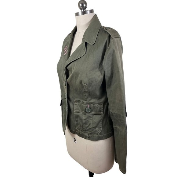 Plugg Y2K Blazer Womens Medium Green Military Utility Patch Sleeve 90s Grunge - Picture 2 of 13